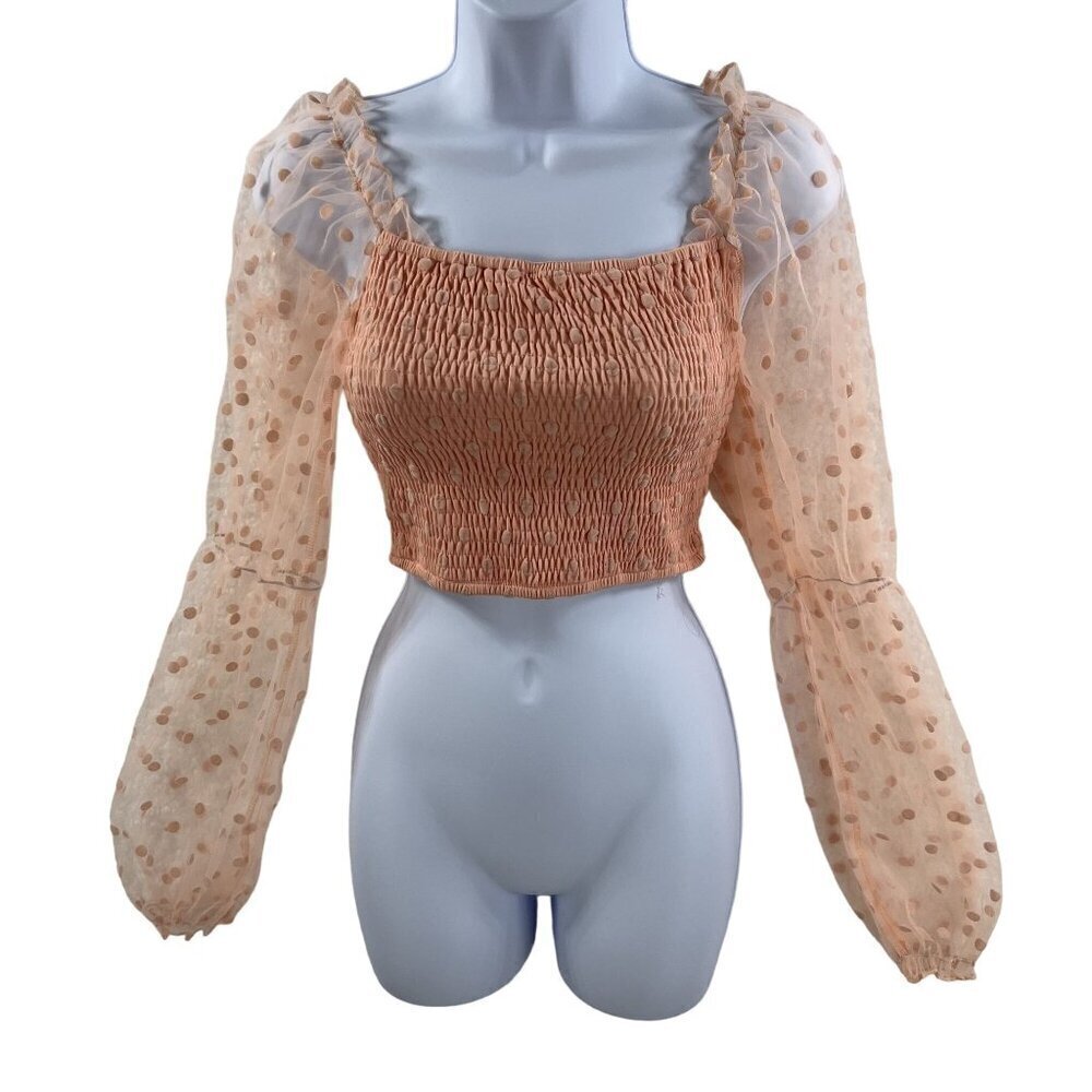 NWT Yilibasha Women M Polka Dot Smocked Sheer Puff Sleeve Crop Top Coquette Edgy